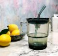 Random Color 400ml Square Glass Mug With Handle, Straw & Lid, Drinking Glass, Adorable Glass Cups with Lids and Straw, Glass Tumbler Coffee Cup Coffee Mug. 