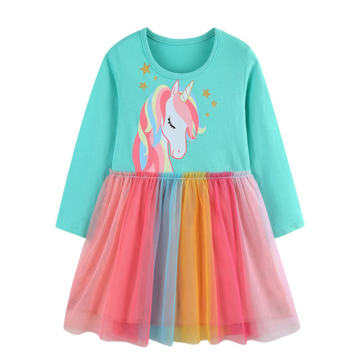 Jumping Meters Unicorn Long Sleeve Girls Dresses Children's Autumn Spring Kids Clothes Birthday Toddler Kids Frocks Baby Wear
