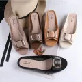 Women's Summer PVC Half Slippers Fashion Square Buckle Casual Chunky Heels Wear Flat Sandals. 