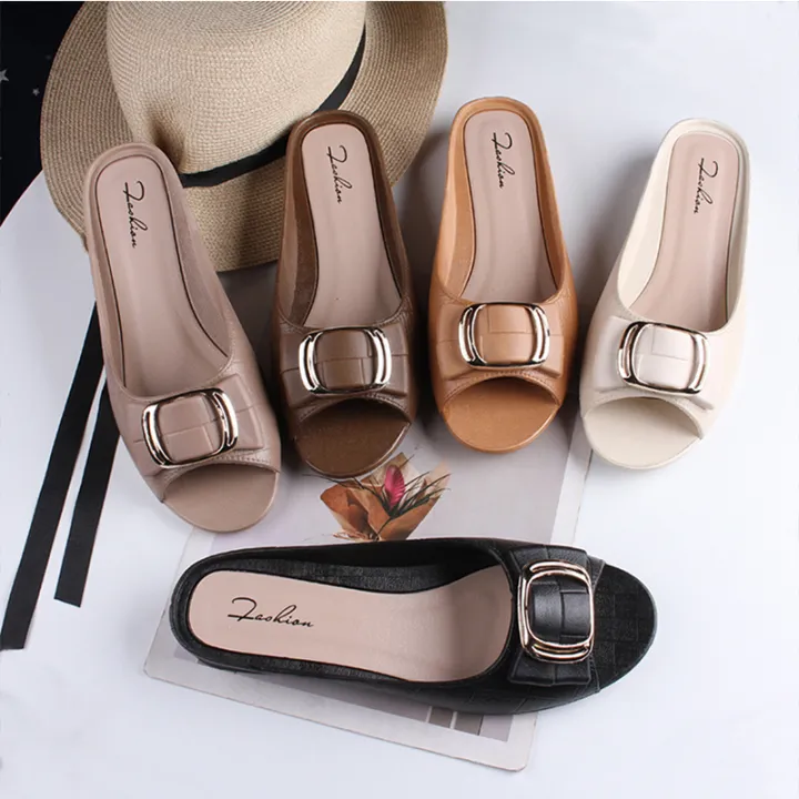 Women's Summer PVC Half Slippers Fashion Square Buckle Casual Chunky Heels Wear Flat Sandals