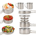8pcs/Set Camping Cookware Mess Kit Stainless Steel Cooking Pot and Pan Set with Plates Cups for Outdoor Hiking Backpacking. 