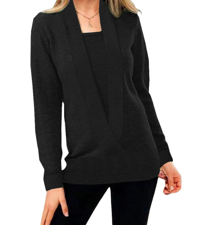 2024%20new%20knitted%20pure%20color%20deep%20V-neck%20long-sleeved%20fake%20two-piece%20sweater%20women's%20jacket%20-%20Image%204
