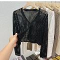 Single Button Crochet Mesh Cardigan for Women Semi Sheer Openwork Sunscreen Jacket Cover Up Summer Hollow-out Knitted Cardigan.