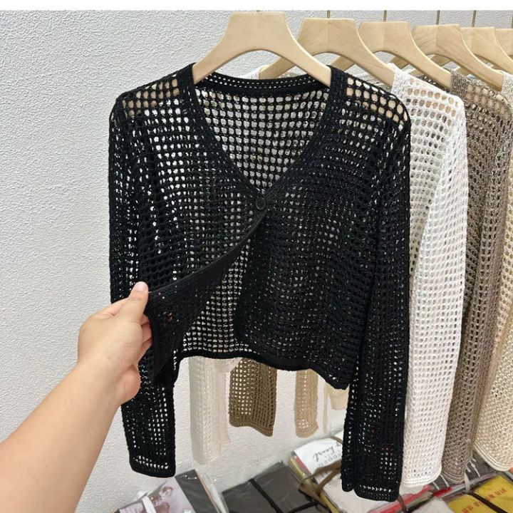 Single%20Button%20Crochet%20Mesh%20Cardigan%20for%20Women%20Semi%20Sheer%20Openwork%20Sunscreen%20Jacket%20Cover%20Up%20Summer%20Hollow-out%20Knitted%20Cardigan%20-%20Image%207