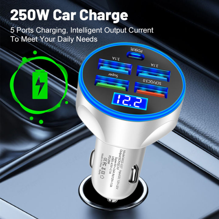 250W LED Car Charger 5 Ports Fast Charge PD+QC3.0 USB C Car Phone Charger Type C Adapter in Car For iphone   