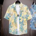 Summer loose vintage short sleeve men's shirt loose trend casual tie dye floral Hawaiian shirt Songkran. 