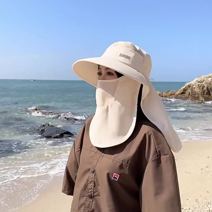 Summer Women Large Brim UV Protection Fisherman Hat with Leaking Ponytail Waterproof Bucket Hat Outdoor Breathable Sunscreen Cap