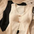 Summer Women Fashion Solid Color Chic Buttons V-neck Sleeveless Knitted Camisole. 