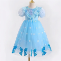 Girls Summer Mesh Dress Children Tulle Tutu Gown Kids Birthday A-Line Long Dresses 2025 Children Print Bow Short-sleeve Clothing.