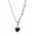 Y2K Sweet Cool Style Black Love Heart Pendant Necklace for Women Star Inlaid Rhinestone Clavicle Chain Asymmetric Necklace for Women Teen Girls Gift.