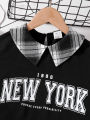 Girls Fashion Casual 2-Piece Set Black Lapel Long-Sleeved Letter Print Shirt Plaid Skirt Spring Autumn New. 