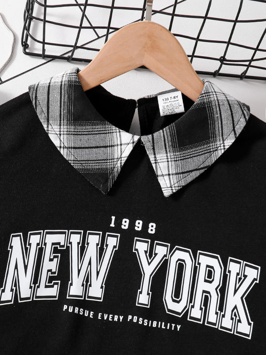 Girls%20Fashion%20Casual%202-Piece%20Set%20Black%20Lapel%20Long-Sleeved%20Letter%20Print%20Shirt%20Plaid%20Skirt%20Spring%20Autumn%20New%20-%20Image%204