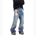 American Style Vintage Tassel Ripped Men Jeans Fashion Trend Wide Leg Loose Straight Leg Denim Pants Hot Sale Male Trousers. 