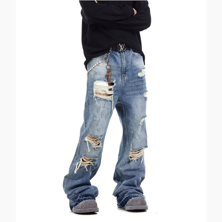 American Style Vintage Tassel Ripped Men Jeans Fashion Trend Wide Leg Loose Straight Leg Denim Pants Hot Sale Male Trousers