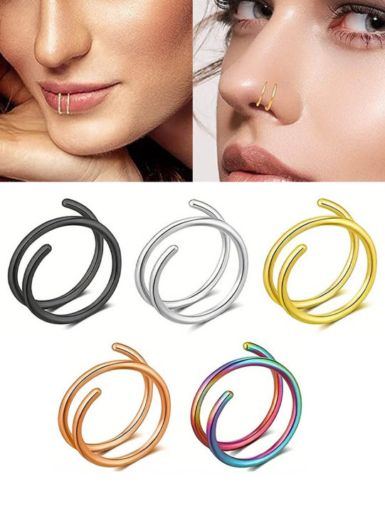 1&5pcs Stainless Steel Double Nose Rings Spiral Hoop Septum Piercing Kit Ear Tragus Earrings Lip Body Fashion Jewelry for Women