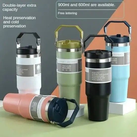 900ML Stainless Steel Thermos Mug With Straw Keeps Cold and Heat ...