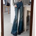 Woman High Waist Vintage Casual Flare Jeans Girls Elastic Slim Fit Bell Bottom Pants Lady Fashion Blue Black Grey Denim Trousers. 
