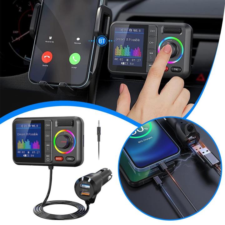 Wireless FM Transmitter Big Color Screen Dual USB Fast Charger QC3.0 2.4A AUX Music MP3 Player Hands-Free Call Car Kit