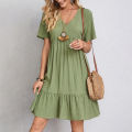 Summer Casual Women Elegant Short Sleeve V Neck Ruffles Dress Solid Loose Mini Dress Chic Bohemian Sundress Beach Party Vestidos.