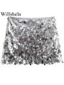 Willshela Women Fashion With Sequined Solid Side Zipper Mini Skirt Vintage High Waist Female Chic Lady Skirts. 