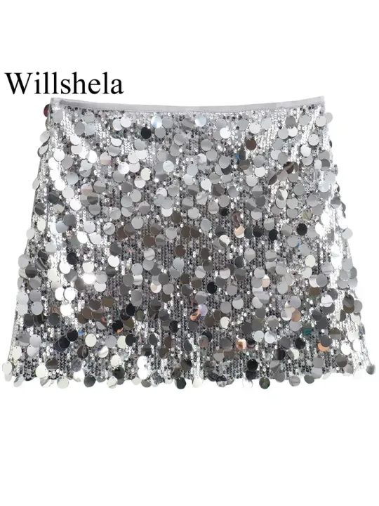 Willshela%20Women%20Fashion%20With%20Sequined%20Solid%20Side%20Zipper%20Mini%20Skirt%20Vintage%20High%20Waist%20Female%20Chic%20Lady%20Skirts%20-%20Image%202