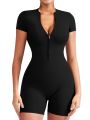 Women's Slimming Textured Short Sleeve Zip Front Athletic Yoga Bodysuit for Fitness Bodybuilding Hip Lifting One Piece. 