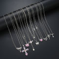 9 Pcs Women's Elegant Zircon Pendants Necklace Set Fashion Pink Color Cross Butterfly Heart Bowknot Necklaces Party Jewelry .
