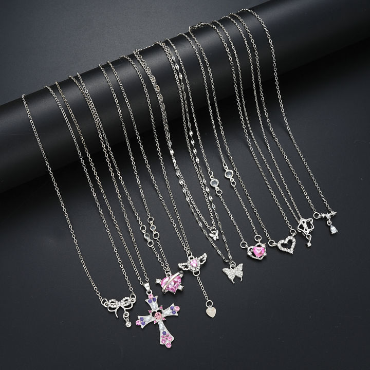 9 Pcs Women's Elegant Zircon Pendants Necklace Set Fashion Pink Color Cross Butterfly Heart Bowknot Necklaces Party Jewelry