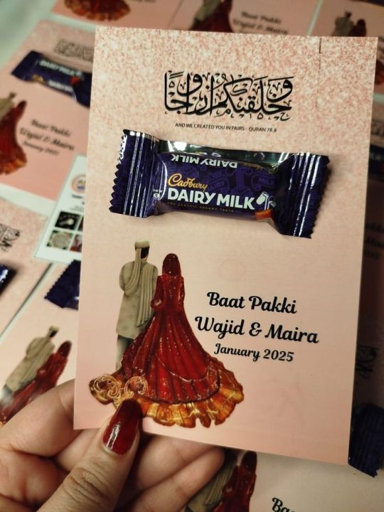 Elegant Baat Pakki Favor Card with Chocolate – Personalized Engagement Announcement Baat pakki onvitations cards , weddinge cards , events cards , birthday cards