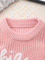 Baby Girl Knitted Round Neck Sweater with Letter Big Sister and Floral Embroidery, Fresh and Versatile, Ins Hot-Selling Top.