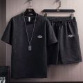 Trendy White Casual Suit Men's Fashionable Two Piece Set Korea Summer Simple Style Fitting Short Sleeve Business Attire. 