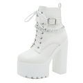 Gdgydh Women's Chain Decor Block Heeled Boots Fashion Lace Up Side Zipper Platform Boots Stylish Ankle Boots High Heels. 