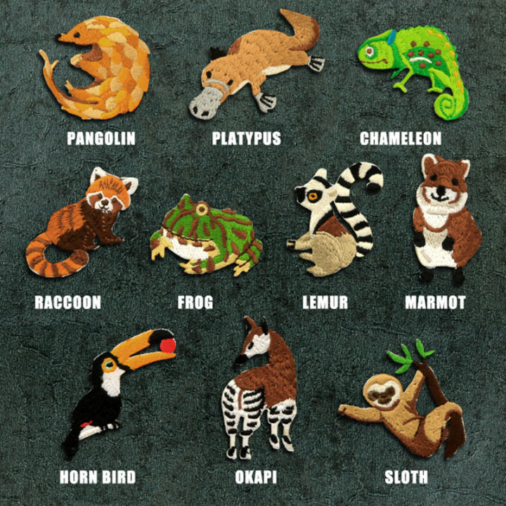 1 Piece Embroidery Animal Iron on Patch Cartoon Chameleon Hornbill Lemur Okapi Groundhog Platypus for Clothes DIY Applique