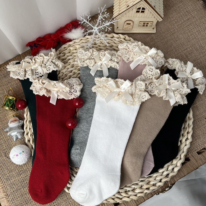 New Winter Autumn Baby Girls Knee High Socks Lace Ruffle Long Sock Cotton Kids Toddlers Princess Christma Socken For 0-5Years