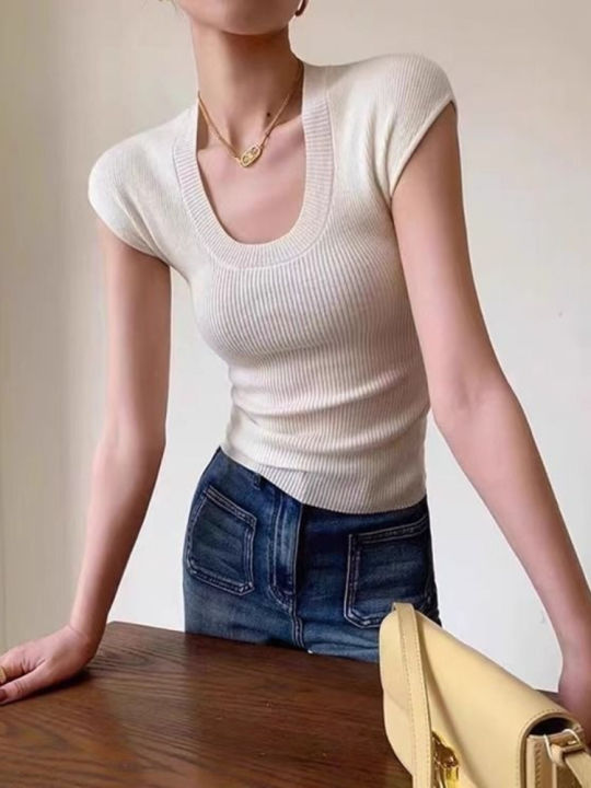 2026%20Basic%20U-neck%20Solid%20Thin%20Summer%20Pullover%20Women%20Female%20Knitted%20Ribbed%20Sweater%20Slim%20Short%20Sleeve%20Bodycon%20T-Shirt%20-%20Image%206