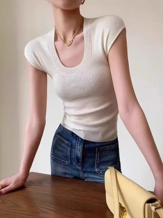 2026%20Basic%20U-neck%20Solid%20Thin%20Summer%20Pullover%20Women%20Female%20Knitted%20Ribbed%20Sweater%20Slim%20Short%20Sleeve%20Bodycon%20T-Shirt%20-%20Image%206