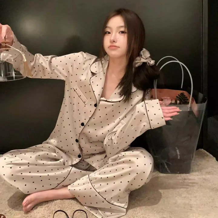 French%20High%20Sense%20of%20Sleepwear%20Women%20Spring%20and%20Fall%20New%20Simple%20Polka%20Dot%20Long-Sleeved%20Long%20Pants%20Ice%20Silk%20Homewear%20Fashion%20Suit%20-%20Image%202