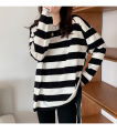 Tzy new long-sleeved T-shirt. cute striped design, comfortable to wear, soft texture, fashion clothes, black/green, black, round neck design.. 