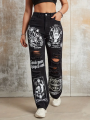 2025 New Style Women's Jeans Women's Spring And Autumn New Hot Selling Street INS Same Style Print Ripped Straight Jeans. 