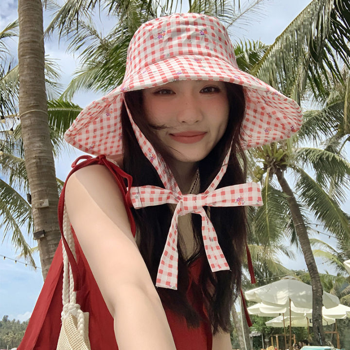 Double-sided%20Plaid%20Wide-edged%20Lace-up%20Bucket%20Hat%20Summer%20Outdoor%20Versatile%20Sunscreen%20Sweet%20Contrasting%20Color%20Plaid%20Women's%20Caps%20-%20Image%206