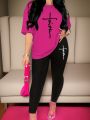 Women's Sports Outfit Set, Plus Size Abstract Figure Print long Sleeve T-shirt Top & Medium Stretch Comfy Pants Fitness Outfit. 