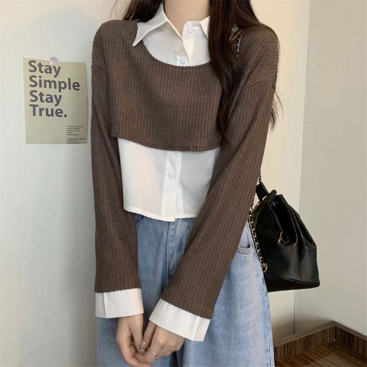 Fake 2 Pcs Shirts Long Sleeve Patchwork Tender Girl Crop Tops Camisas Ropa Mujer All-match Spring Clothing