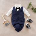 Newborn Boy Baby Jumpsuit Baby Casual Gentleman Bow Comfortable Cotton Spring And Autumn Navy Blue Long Sleeved Jumpsuit. 