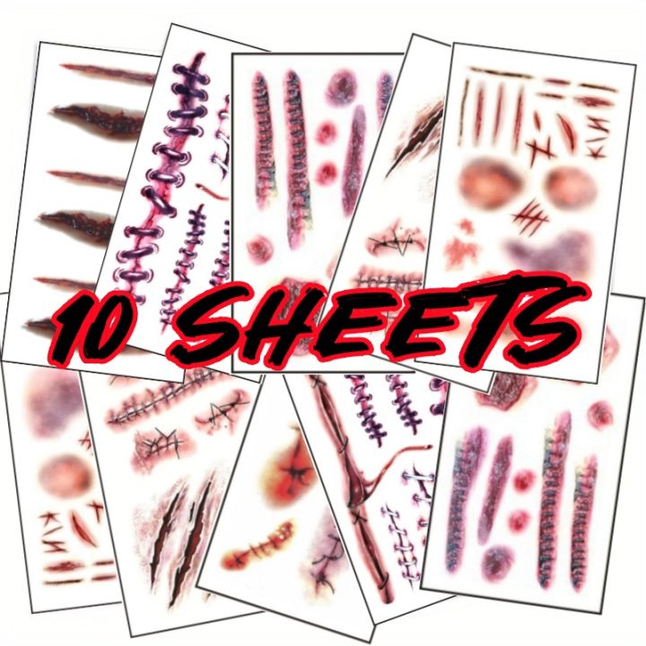 Zombie Scars Tattoos with Fake Scab Bloody Makeup Fool's Day Prank Props Party Decoration Wound Scary Sticker for Cosplay Costum