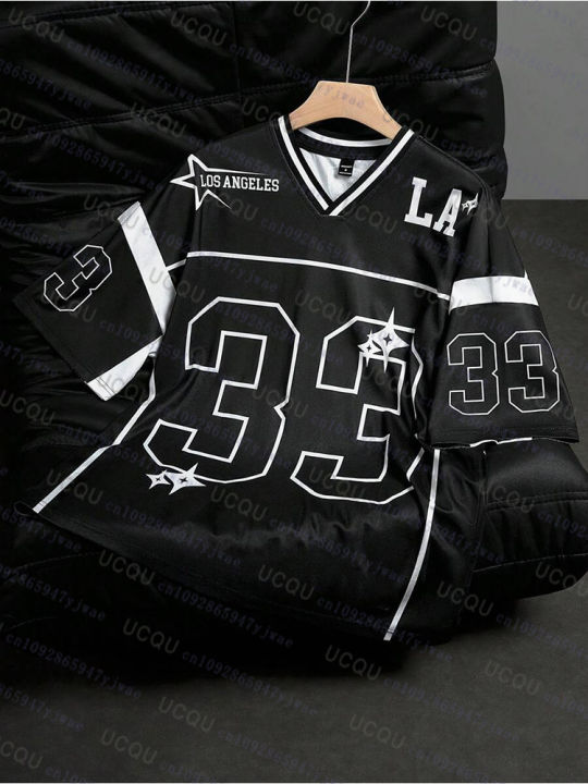 Los Angeles NO.33 Football Jersey Fashion Casual V-neck Sport Tshirt Oversized Men Tee Clothing Streetwear Parent Child T-shirt