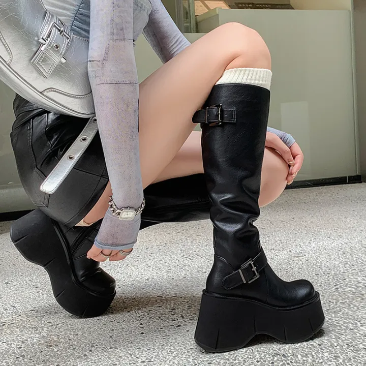 2024%20Women's%20Shoes%20Basic%20Women's%20Boots%20Classics%20Knee-High%20Boots%20Women%20Belt%20Buckle%20Side%20Zip%20Round%20Toe%20Wedge%20Platform%20Shoes%20Ladies%20-%20Image%203