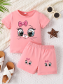 0-3 year old baby girl round neck short sleeved cute cartoon cat pattern top simple shorts two-piece set for spring and summer. 