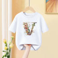 Girls T Shirt Custom Name Letter Combination Print Tshirt Flower Letter Font A B C D E F G Short Sleeve Kids Pink Tops.