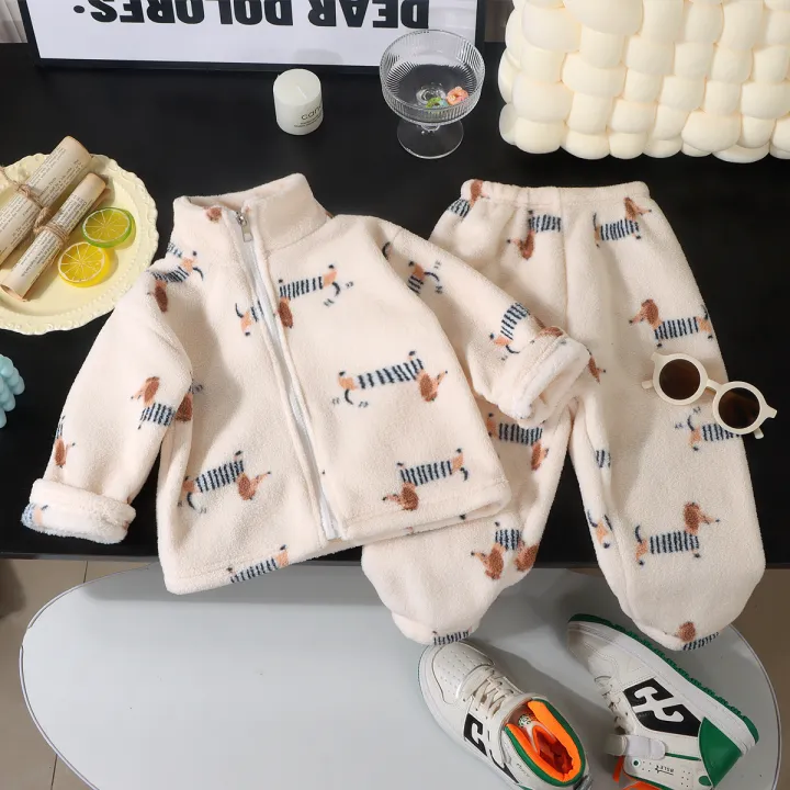 Children's%20autumn%20and%20winter%20flange%20pajamas%20suits%20Korean%20version%20boys%20plus%20velvet%20thick%20home%20service%20girl%20warm%20underwear%20suit%20-%20Image%202
