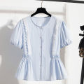 Summer 2026 French Style Sweet Lace Border Thin Top Plus Size Women's Shirts Waist Cinched Short Sleeved Doll Shirt Casual Tops. 